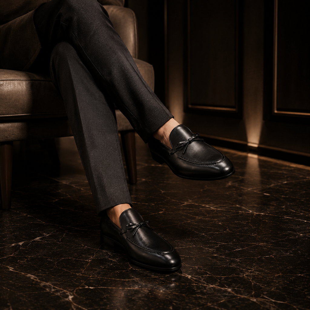 Sarto Black Leather Bow Loafers