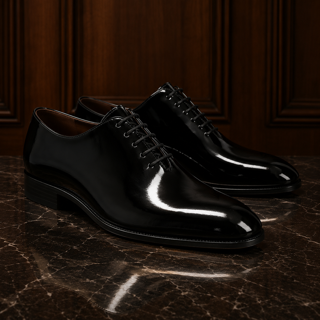 Noir Black Patent Leather Wholecut Oxford Shoes