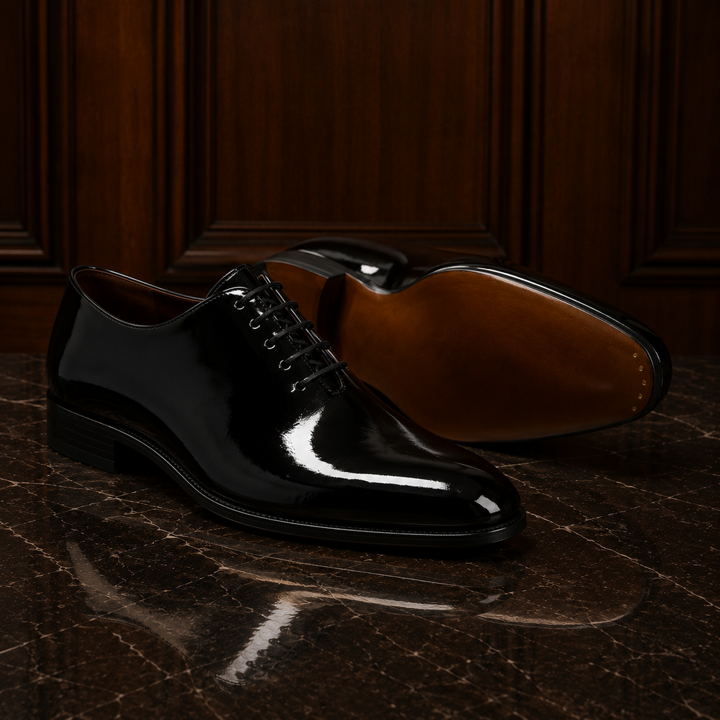 Noir Black Patent Leather Wholecut Oxford Shoes