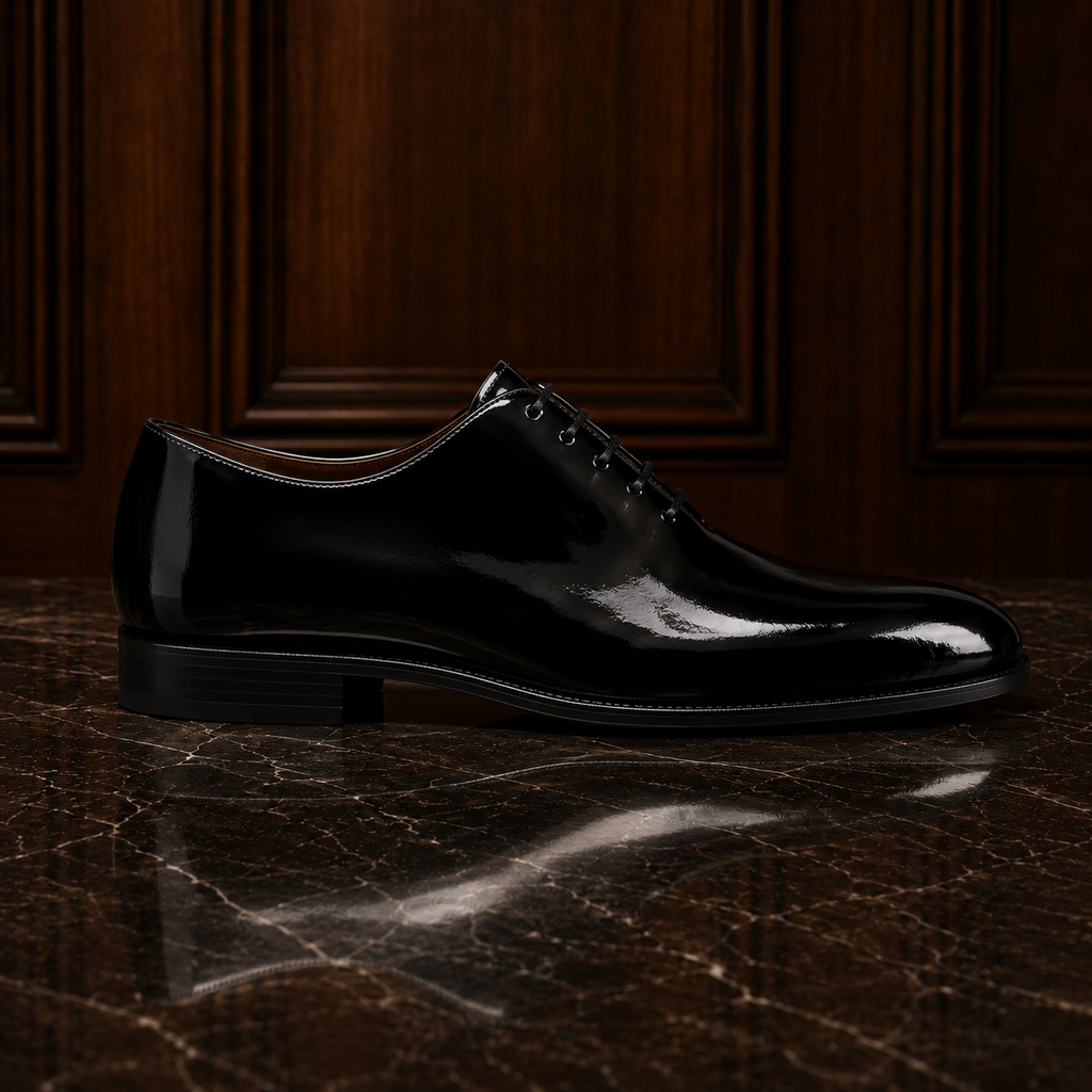Noir Black Patent Leather Wholecut Oxford Shoes