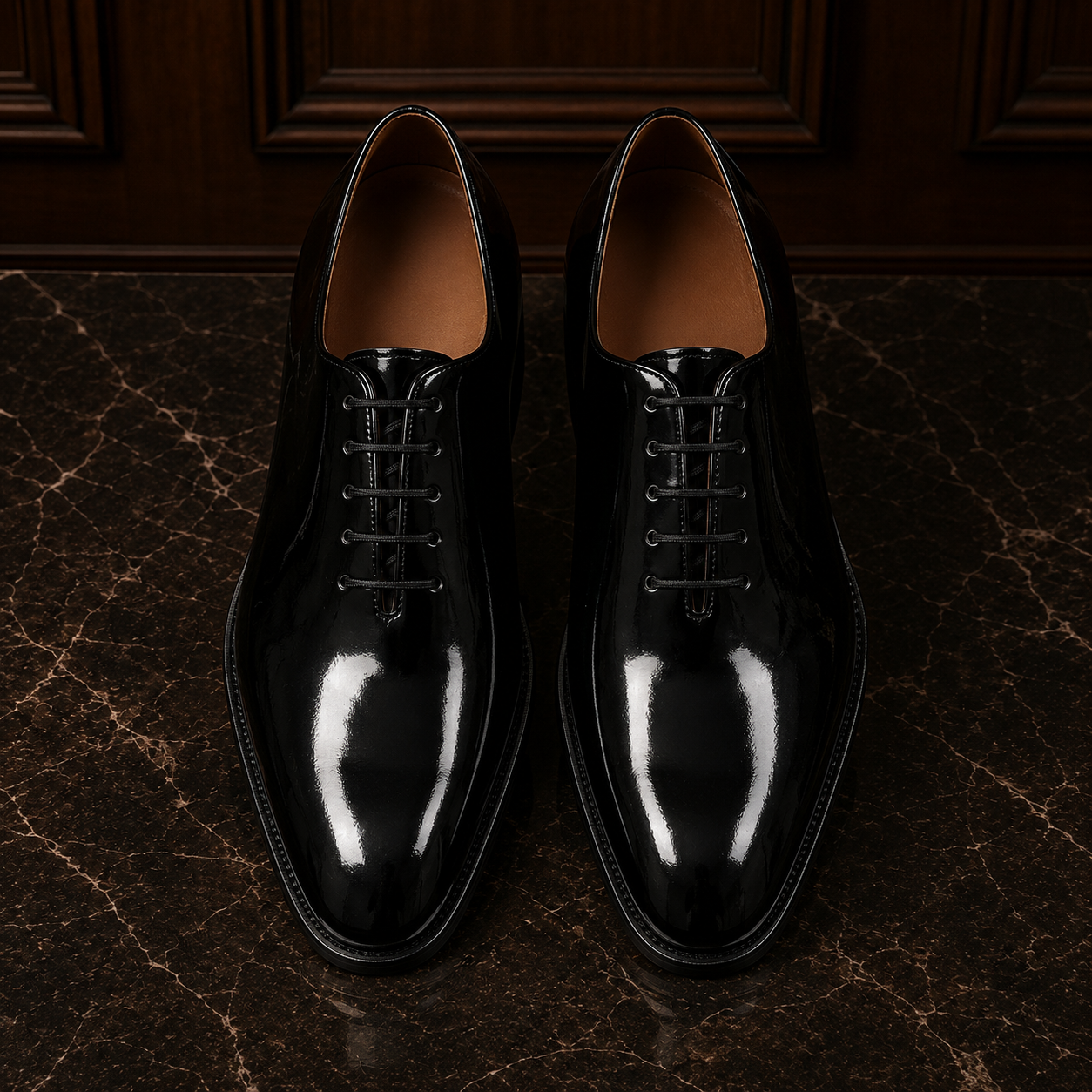 Noir Black Patent Leather Wholecut Oxford Shoes