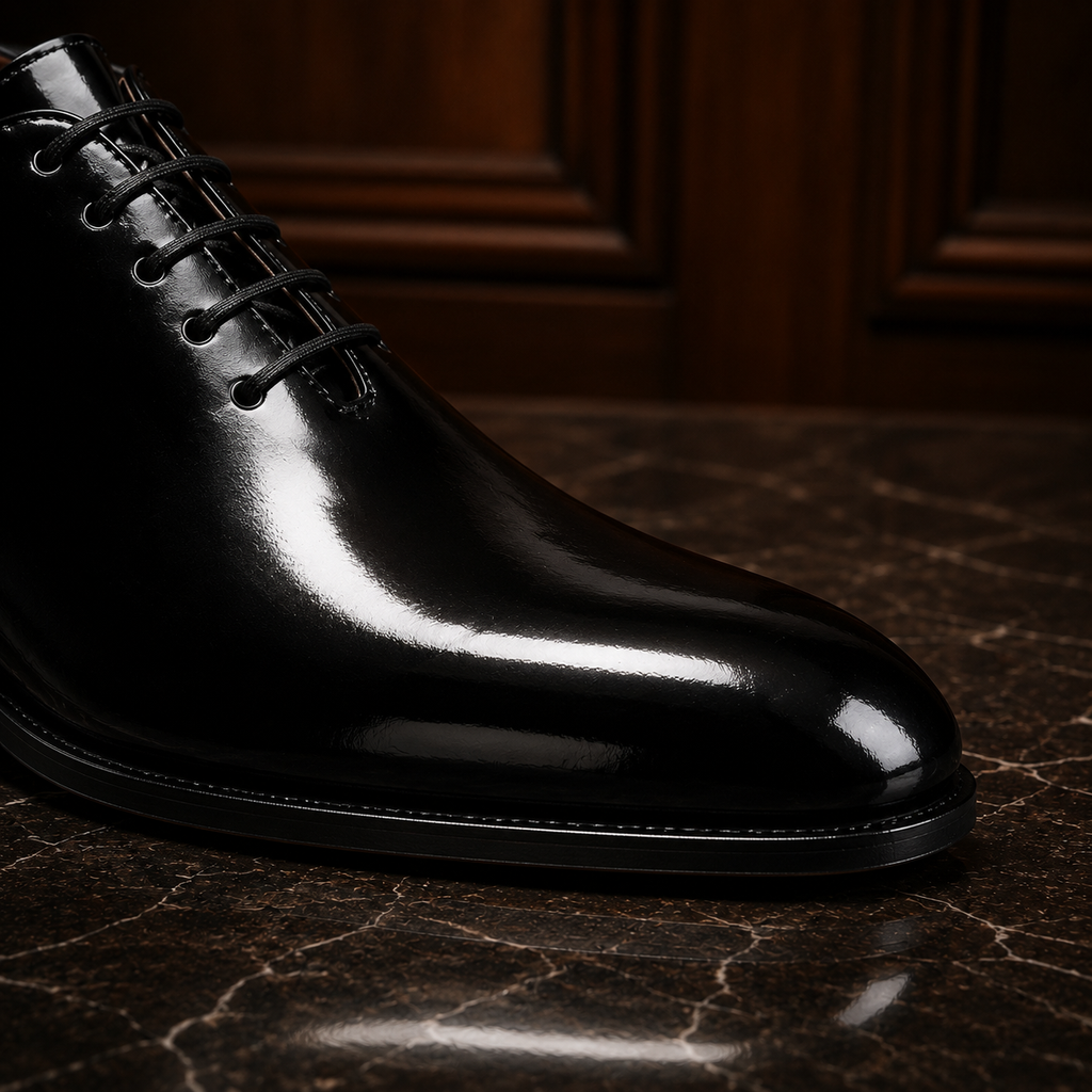 Noir Black Patent Leather Wholecut Oxford Shoes