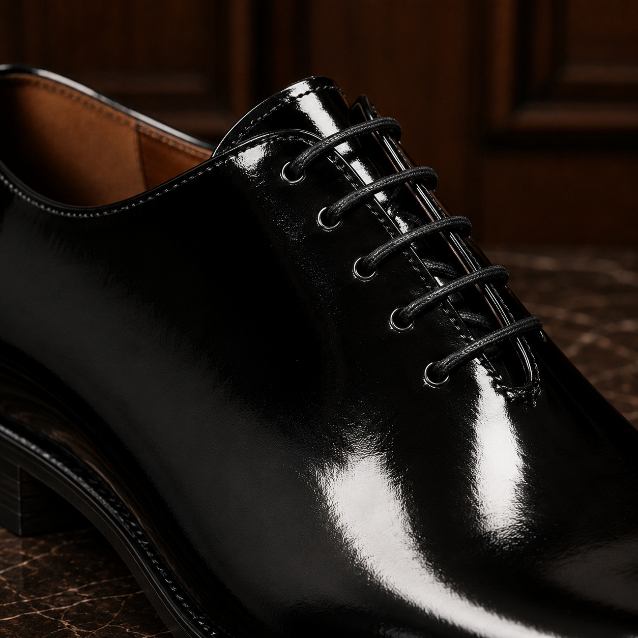 Noir Black Patent Leather Wholecut Oxford Shoes