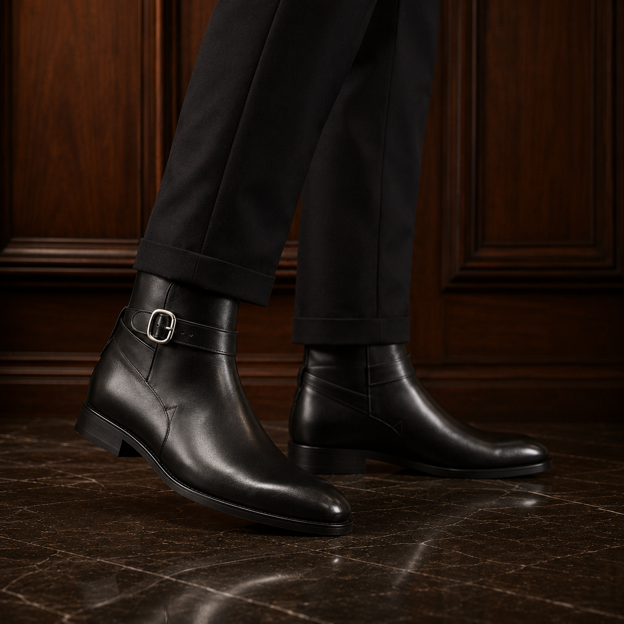 Sterling Black Leather Buckle Ankle Boots