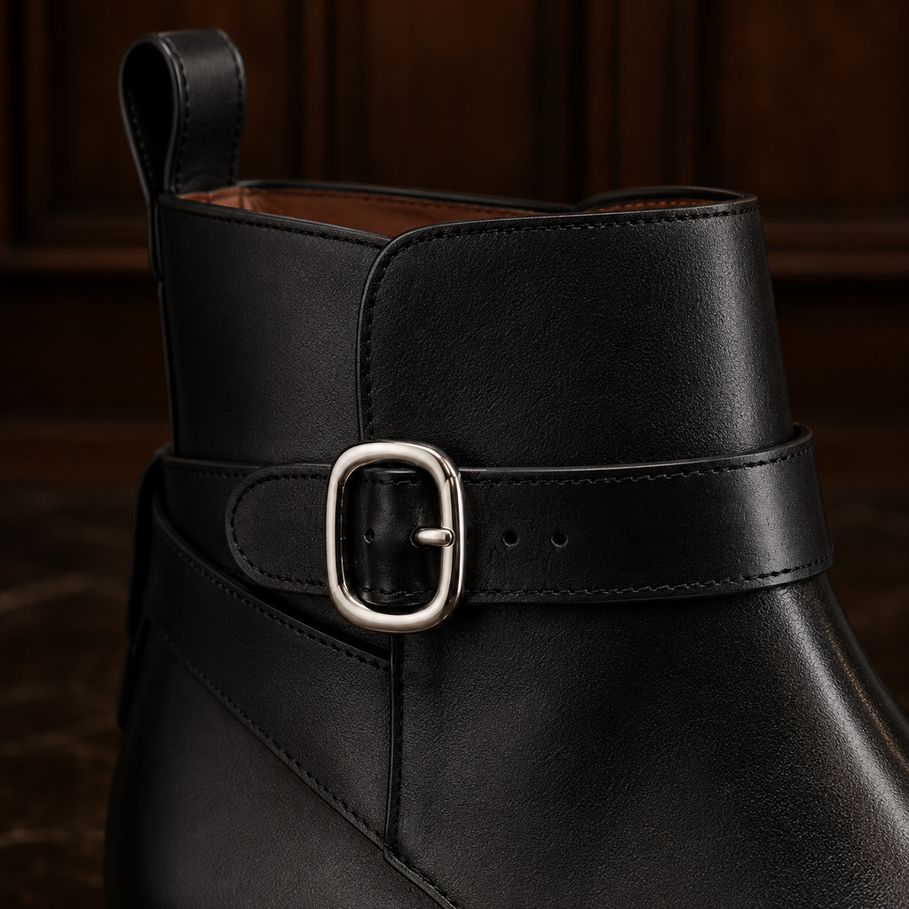 Sterling Black Leather Buckle Ankle Boots