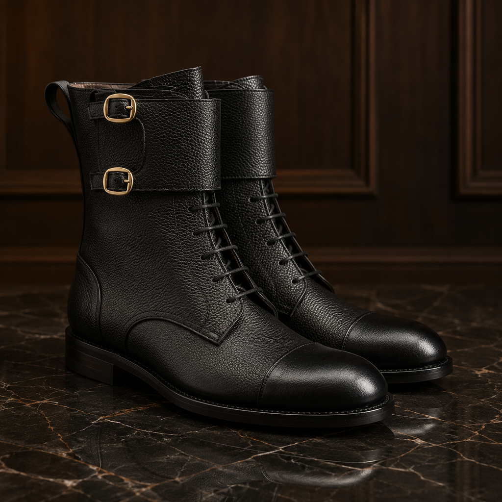 Atlas Black Leather Buckle Lace-Up Boots