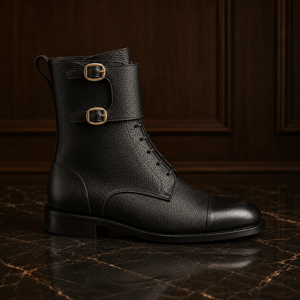 Atlas Black Leather Buckle Lace-Up Boots