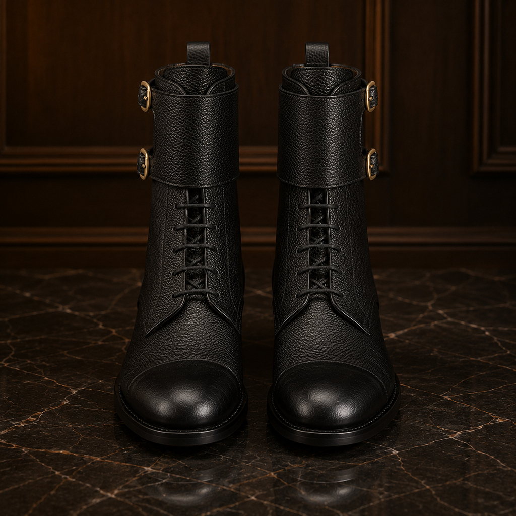 Atlas Black Leather Buckle Lace-Up Boots