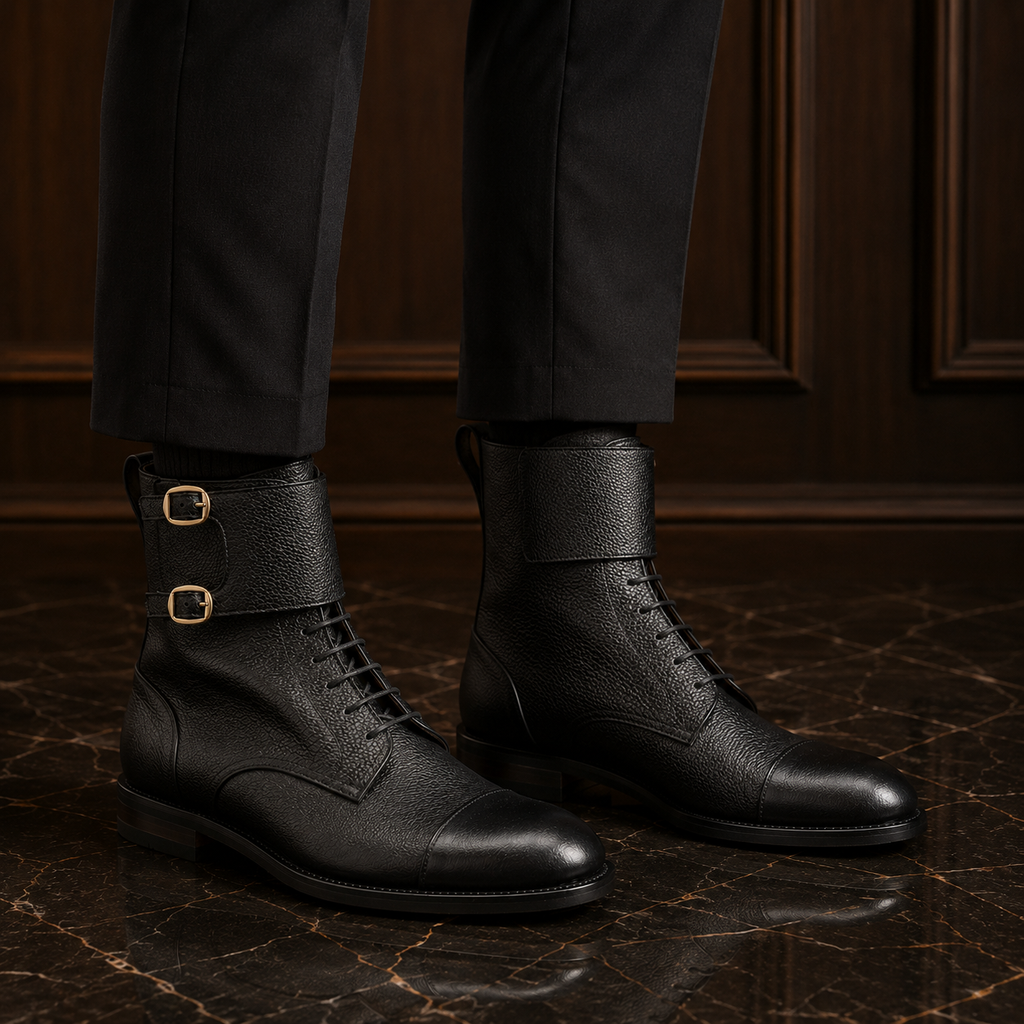 Atlas Black Leather Buckle Lace-Up Boots