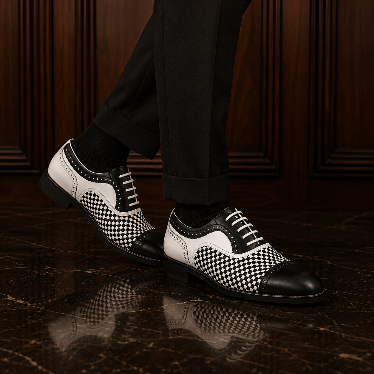 Noir Check Woven Leather Oxford Shoes