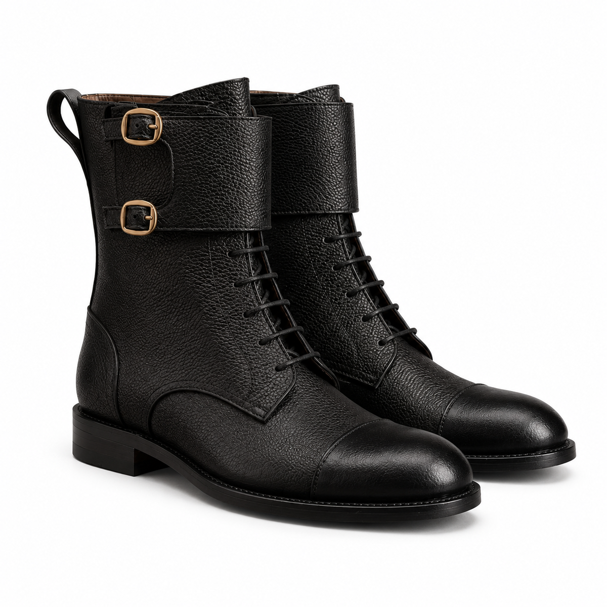 Atlas Black Leather Buckle Lace-Up Boots