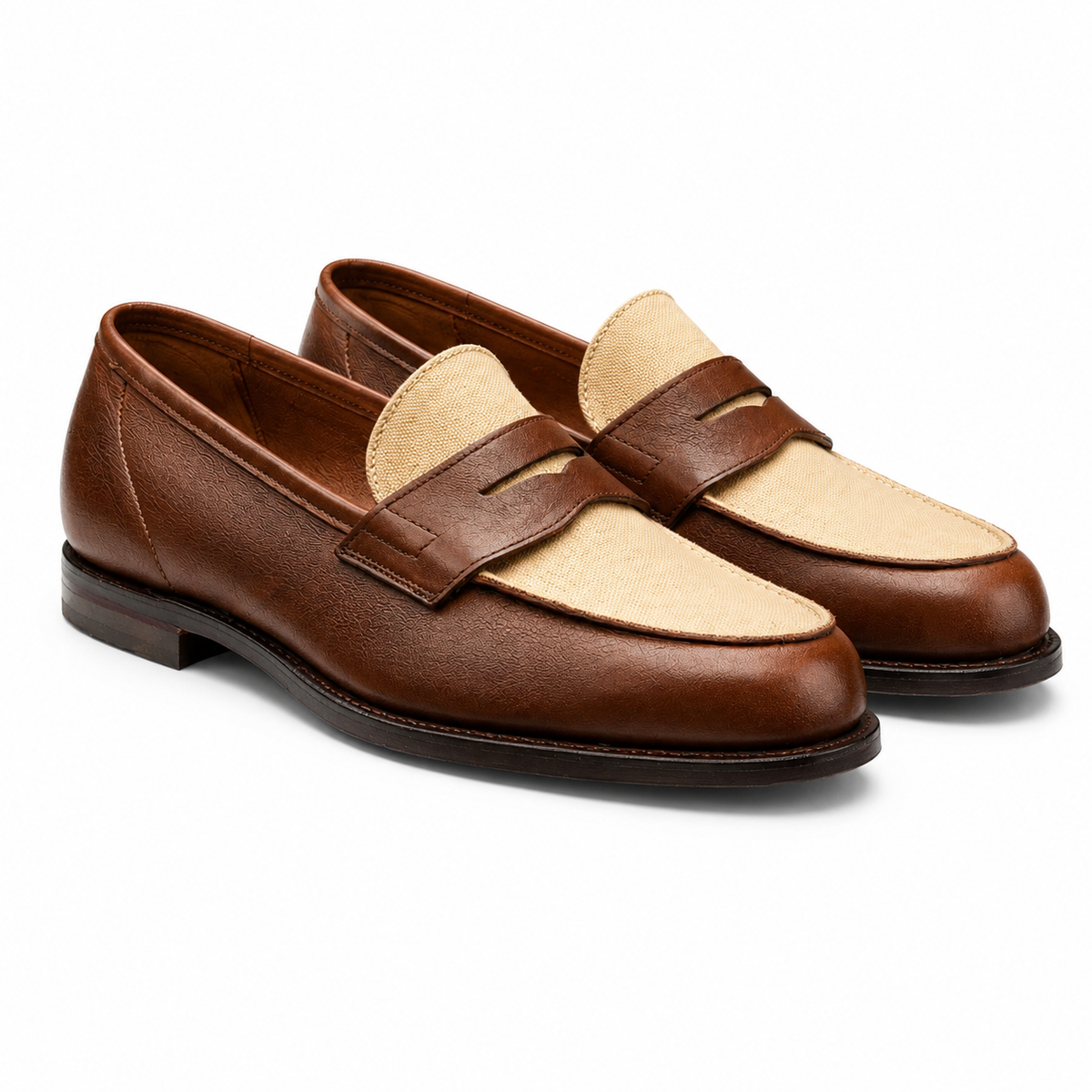 Riviera Brown Leather & Beige Canvas Penny Loafers