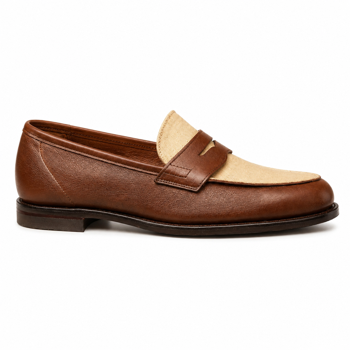 Riviera Brown Leather & Beige Canvas Penny Loafers