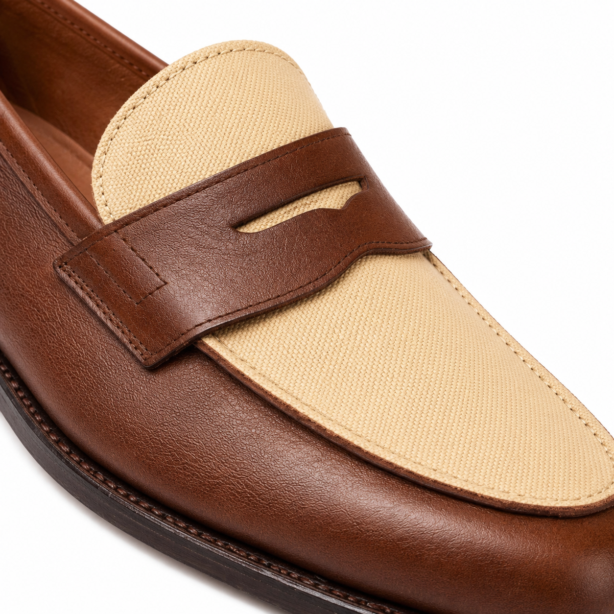 Riviera Brown Leather & Beige Canvas Penny Loafers