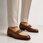 Riviera Brown Leather & Beige Canvas Penny Loafers