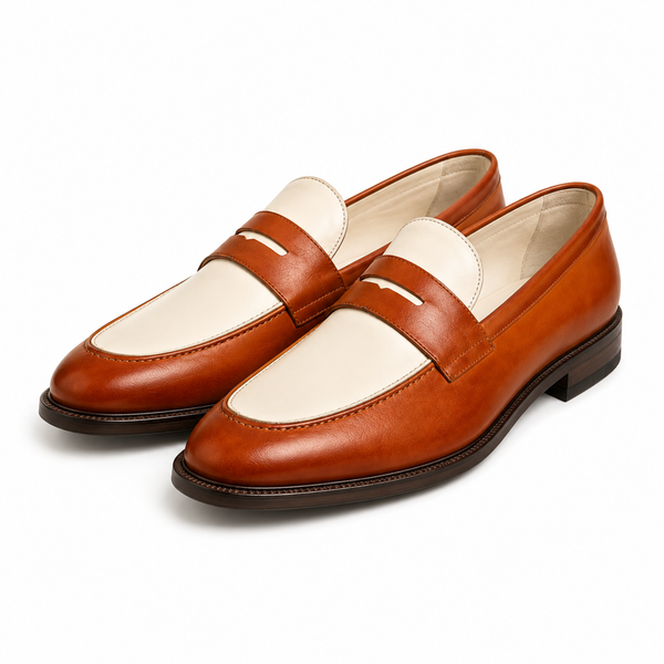 Two-Tone Cognac & Ivory Leather Penny Loafers