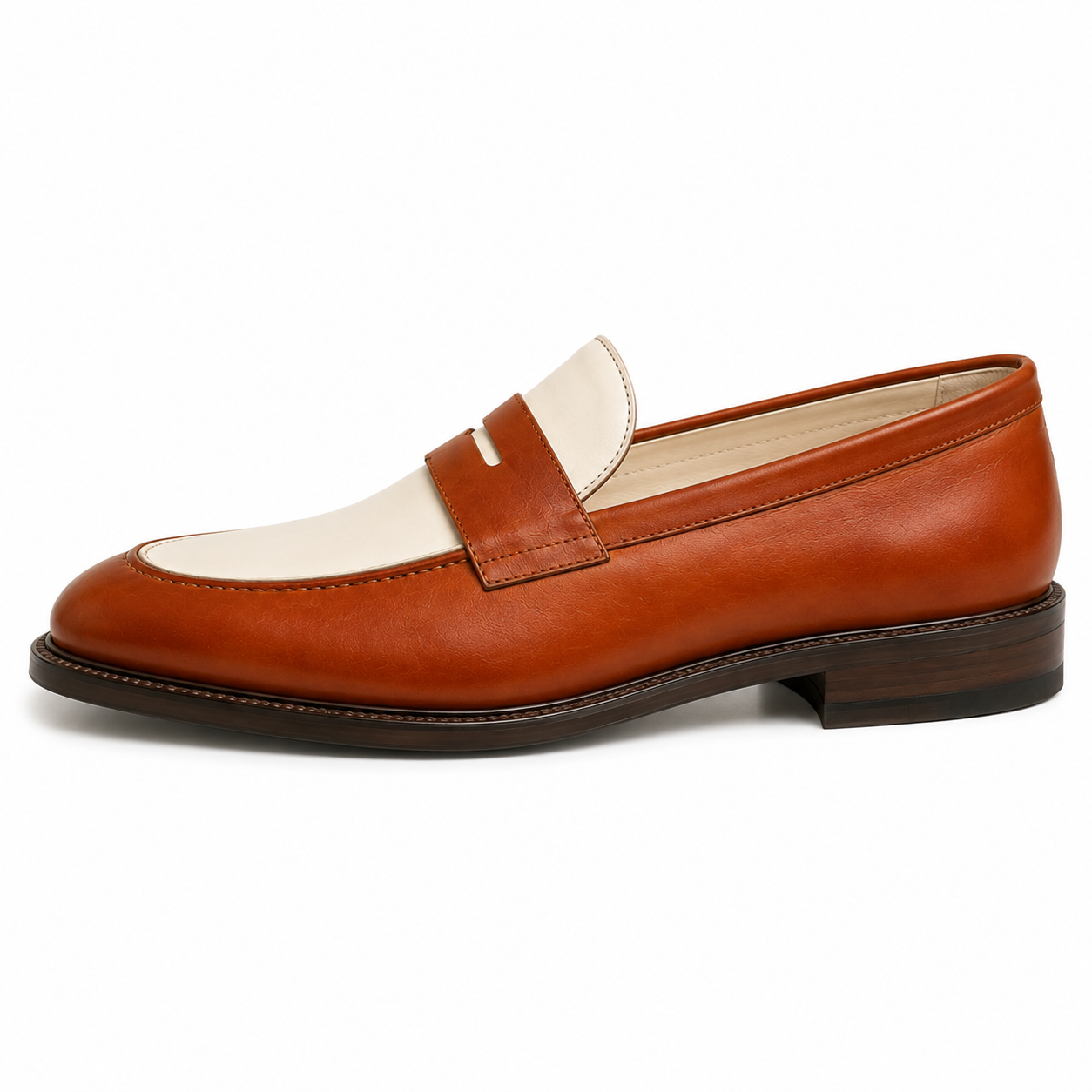 Two-Tone Cognac & Ivory Leather Penny Loafers