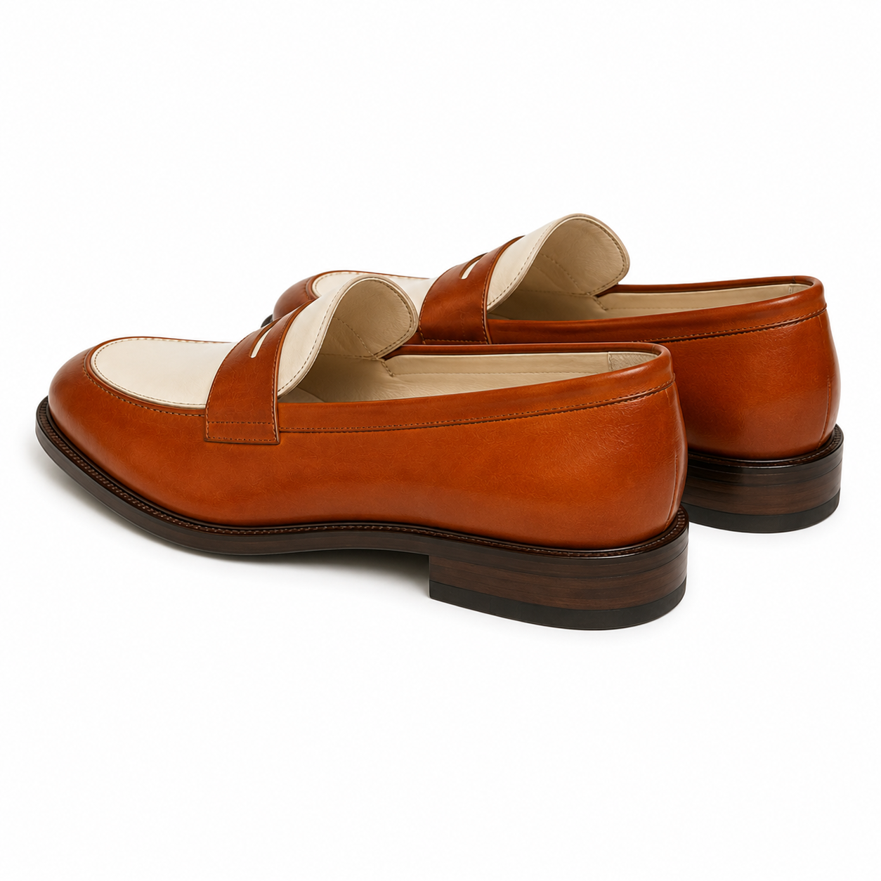Two-Tone Cognac & Ivory Leather Penny Loafers
