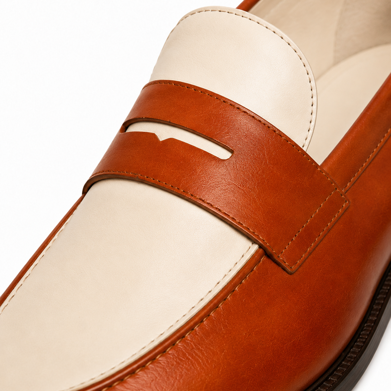 Two-Tone Cognac & Ivory Leather Penny Loafers