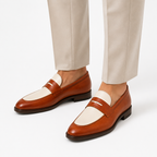 Two-Tone Cognac & Ivory Leather Penny Loafers