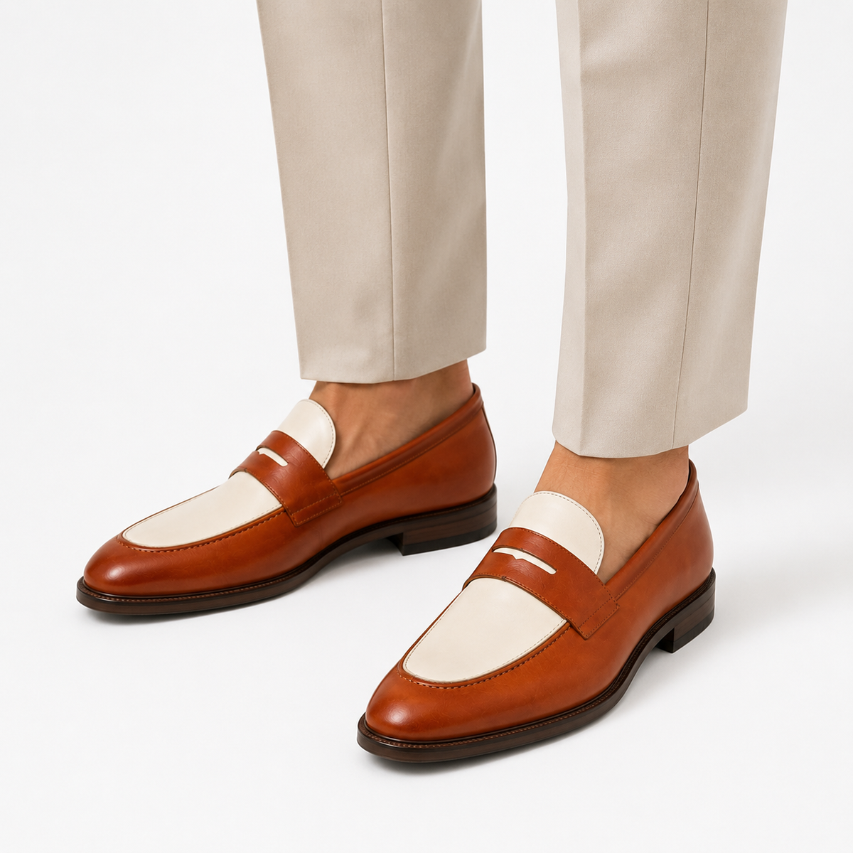 Two-Tone Cognac & Ivory Leather Penny Loafers