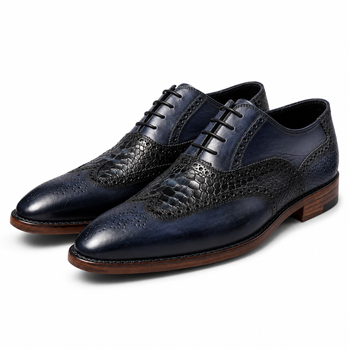 Navy & Black Croc-Textured Wingtip Oxford Shoes