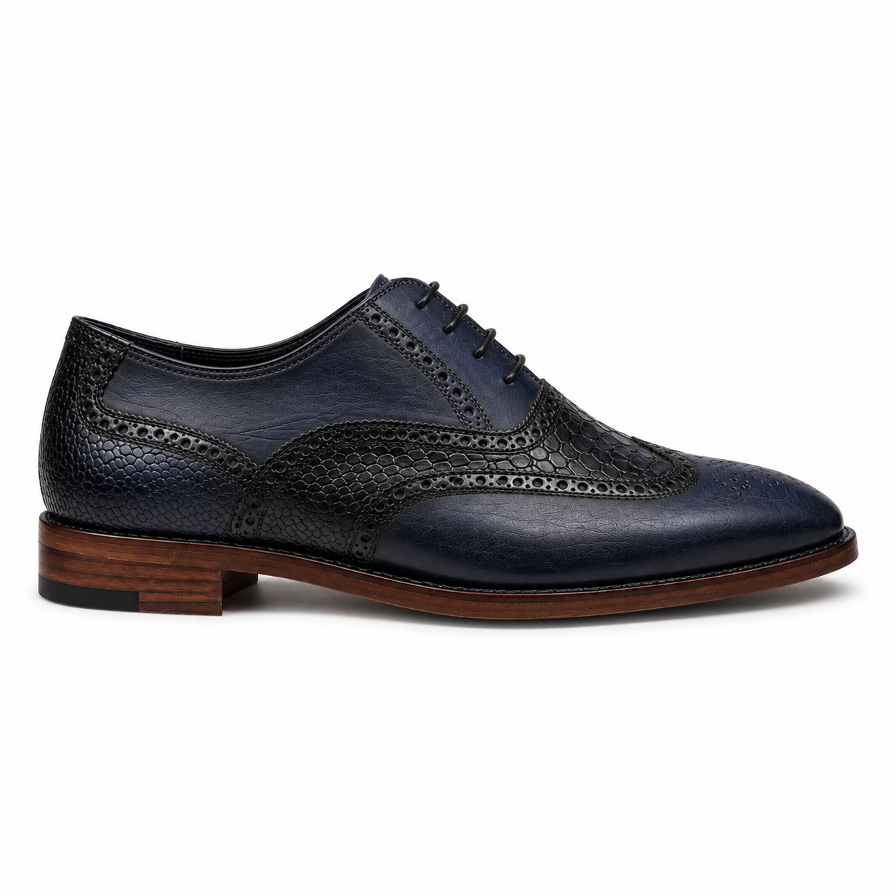Navy & Black Croc-Textured Wingtip Oxford Shoes
