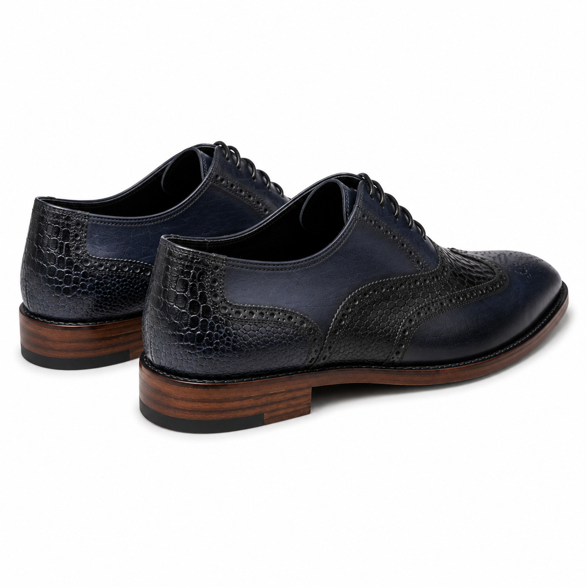 Navy & Black Croc-Textured Wingtip Oxford Shoes