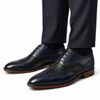 Navy & Black Croc-Textured Wingtip Oxford Shoes