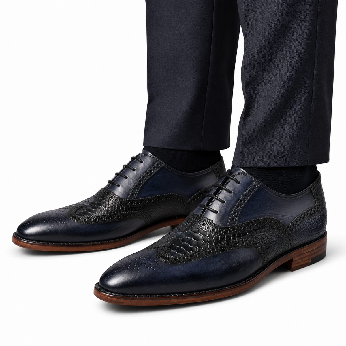 Navy & Black Croc-Textured Wingtip Oxford Shoes