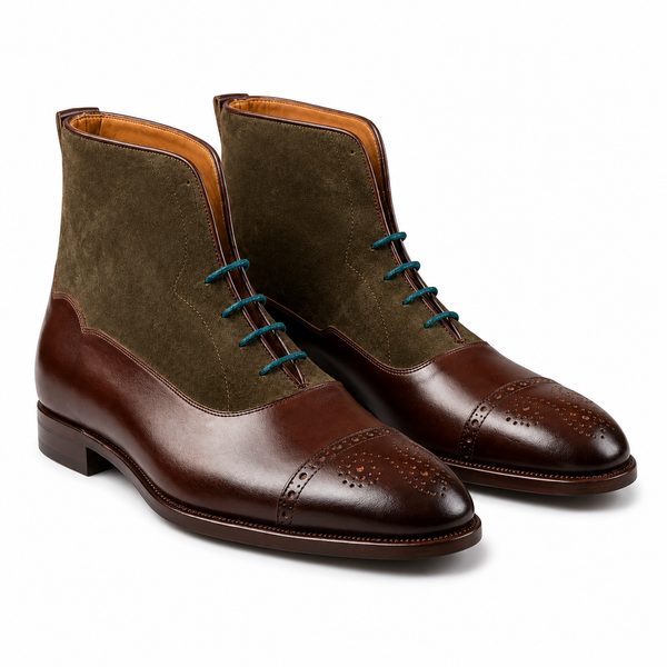 Two-Tone Burgundy & Olive Leather Lace-Up Boots