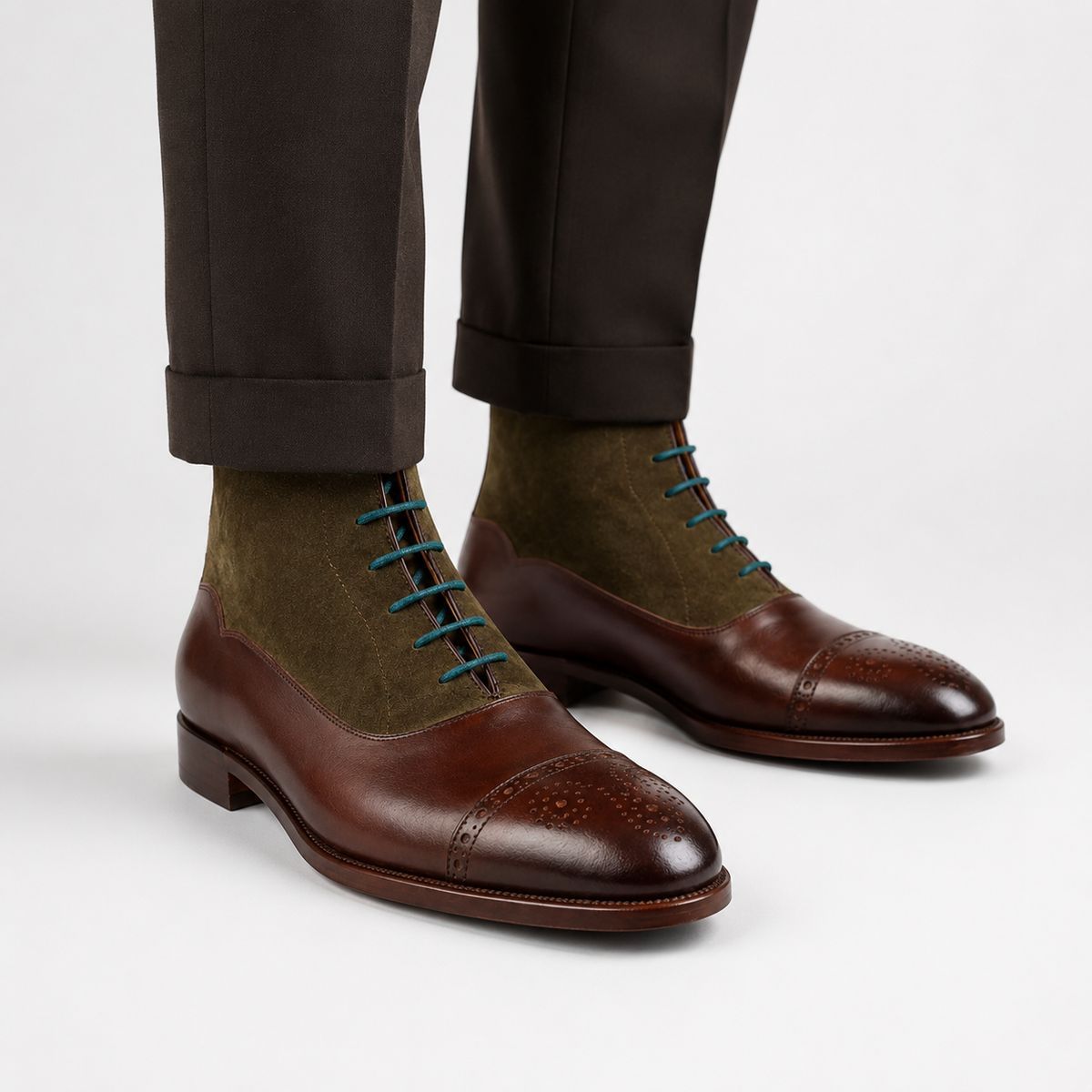 Two-Tone Burgundy & Olive Leather Lace-Up Boots