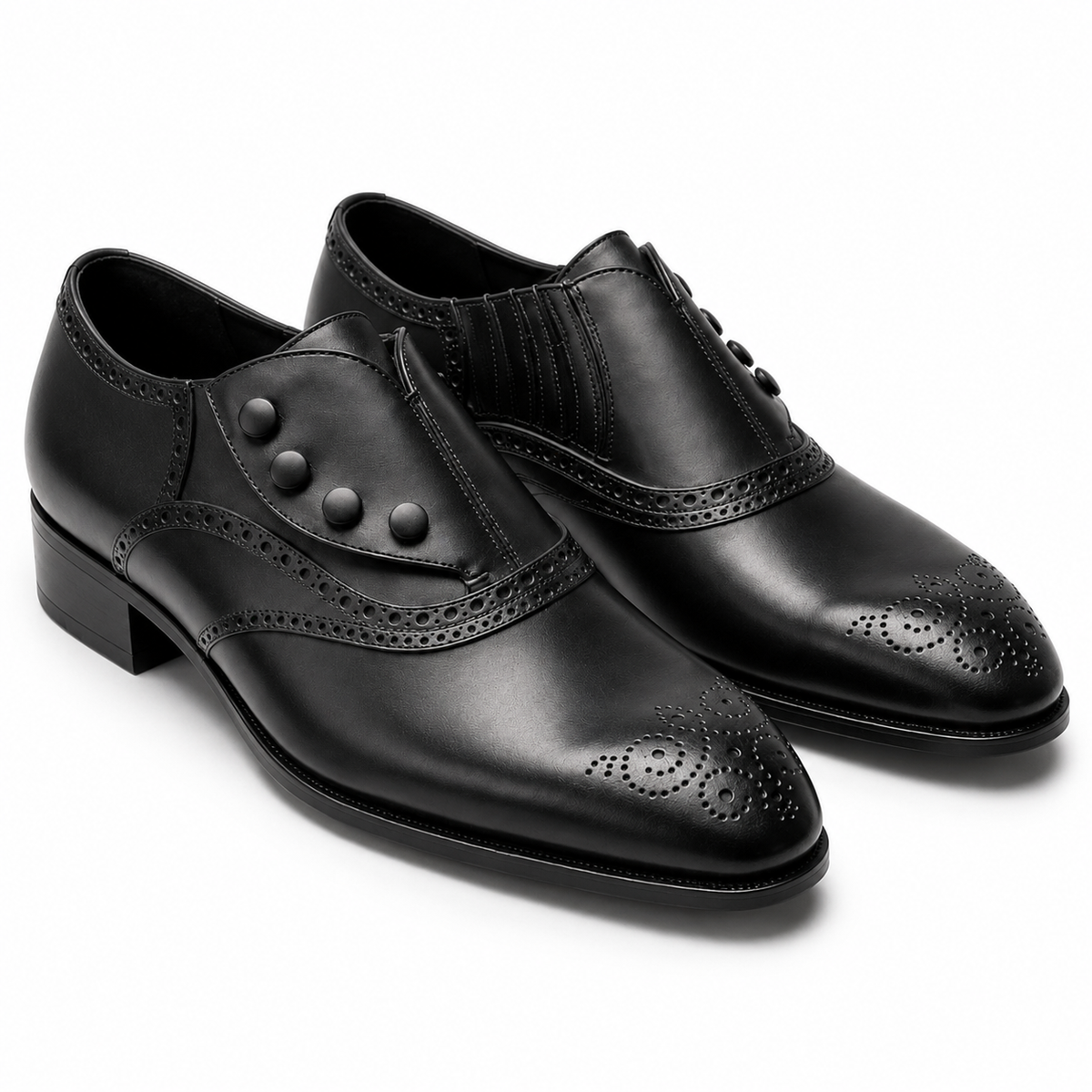 Black Leather Button Brogue Oxford Shoes