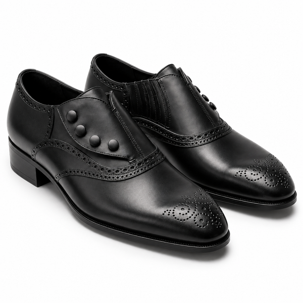 Black Leather Button Brogue Oxford Shoes