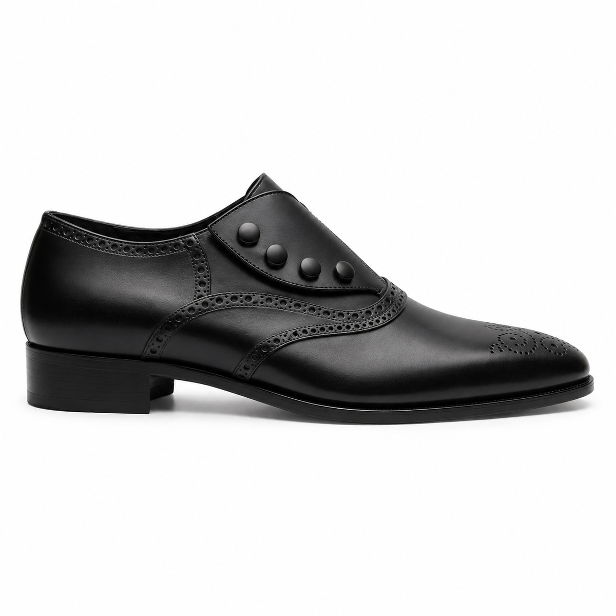 Black Leather Button Brogue Oxford Shoes