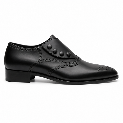 Black Leather Button Brogue Oxford Shoes