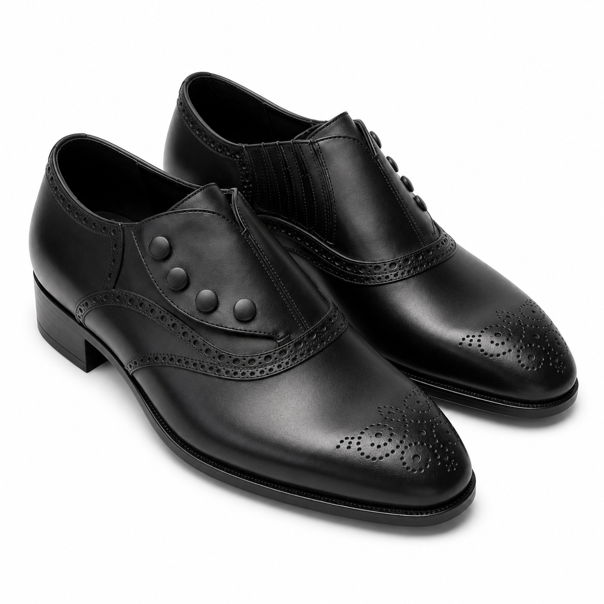 Black Leather Button Brogue Oxford Shoes