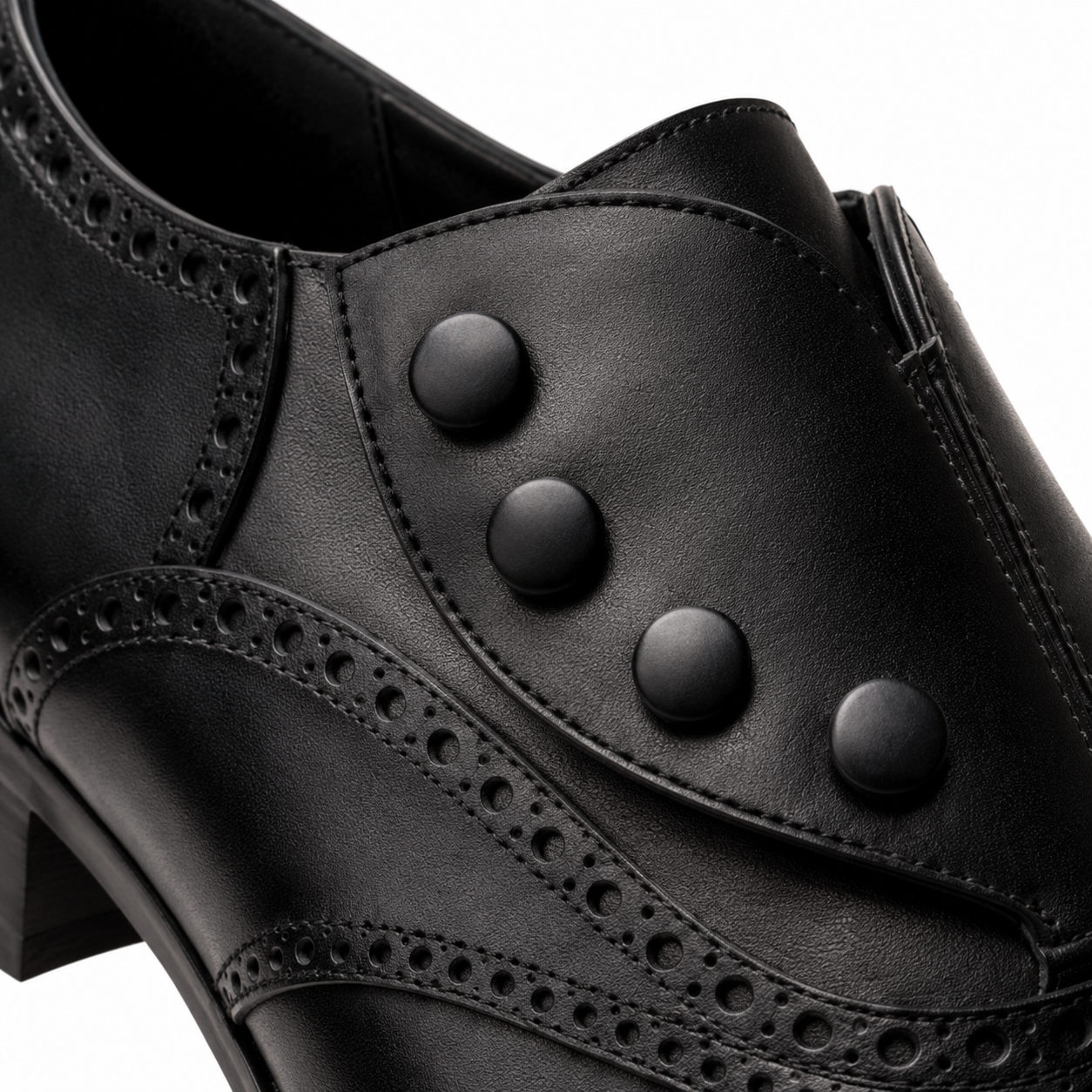 Black Leather Button Brogue Oxford Shoes