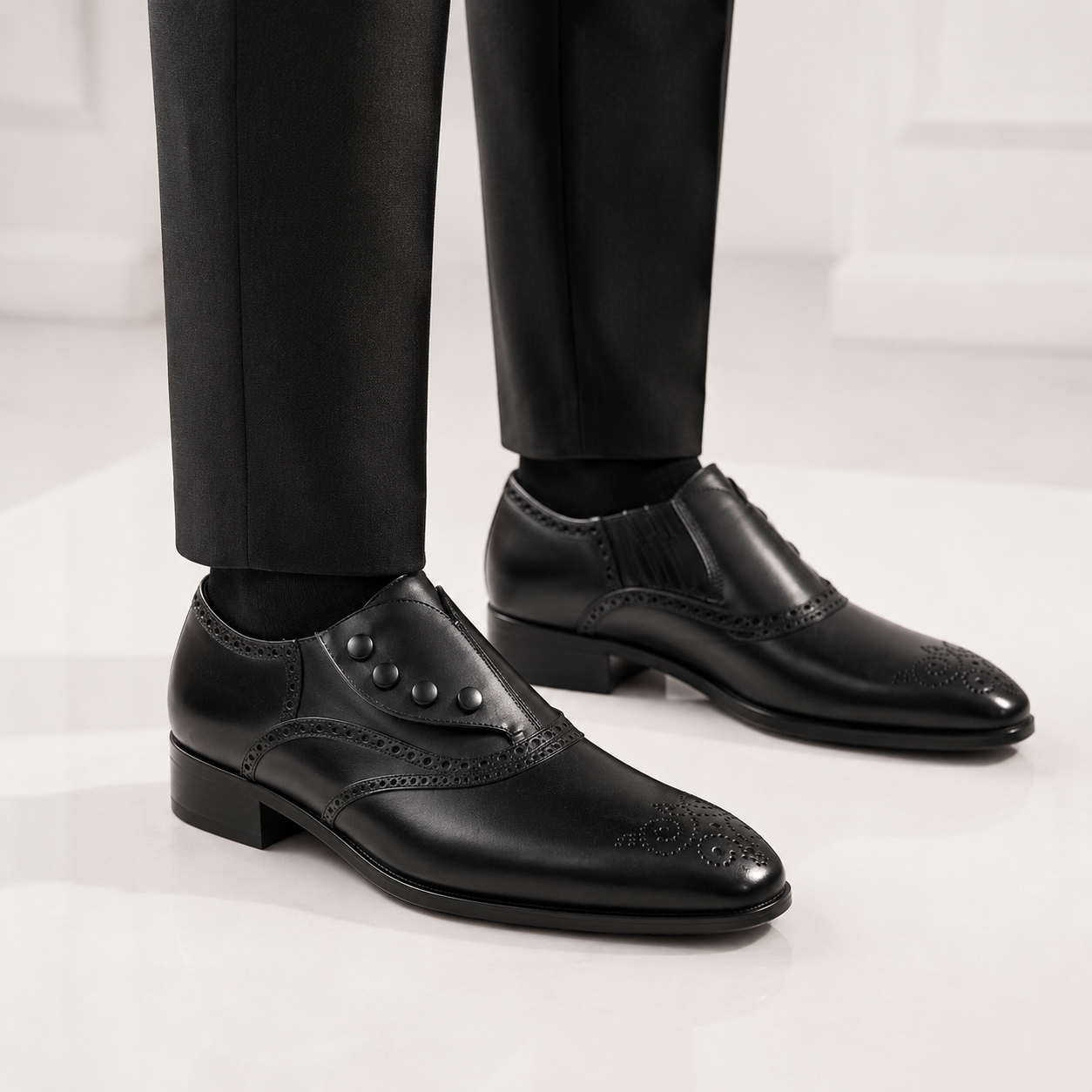 Black Leather Button Brogue Oxford Shoes