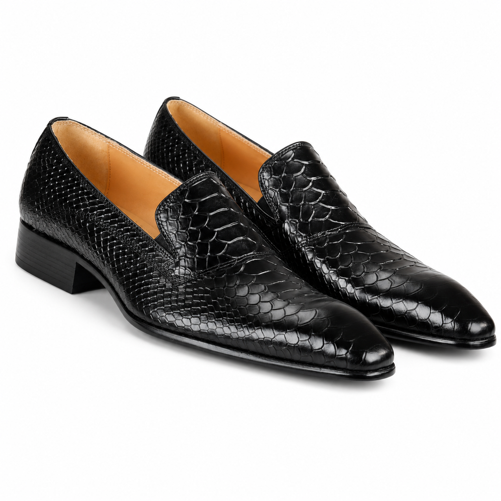 Black Snake-Embossed Leather Venetian Loafers