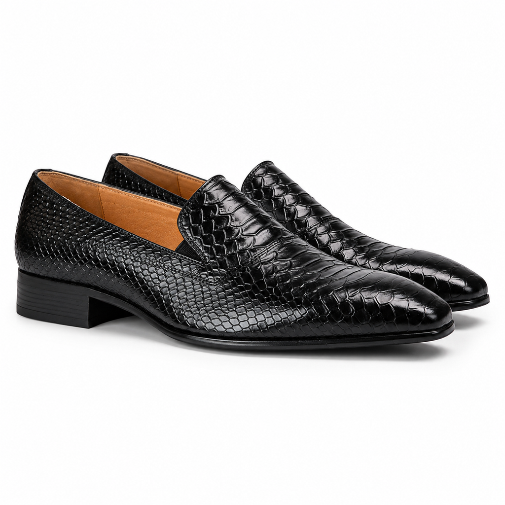 Black Snake-Embossed Leather Venetian Loafers