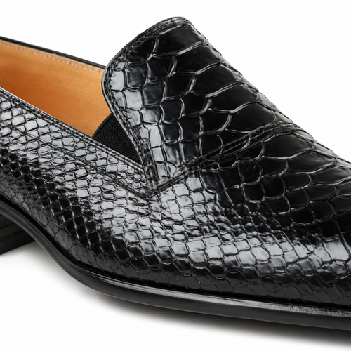 Black Snake-Embossed Leather Venetian Loafers