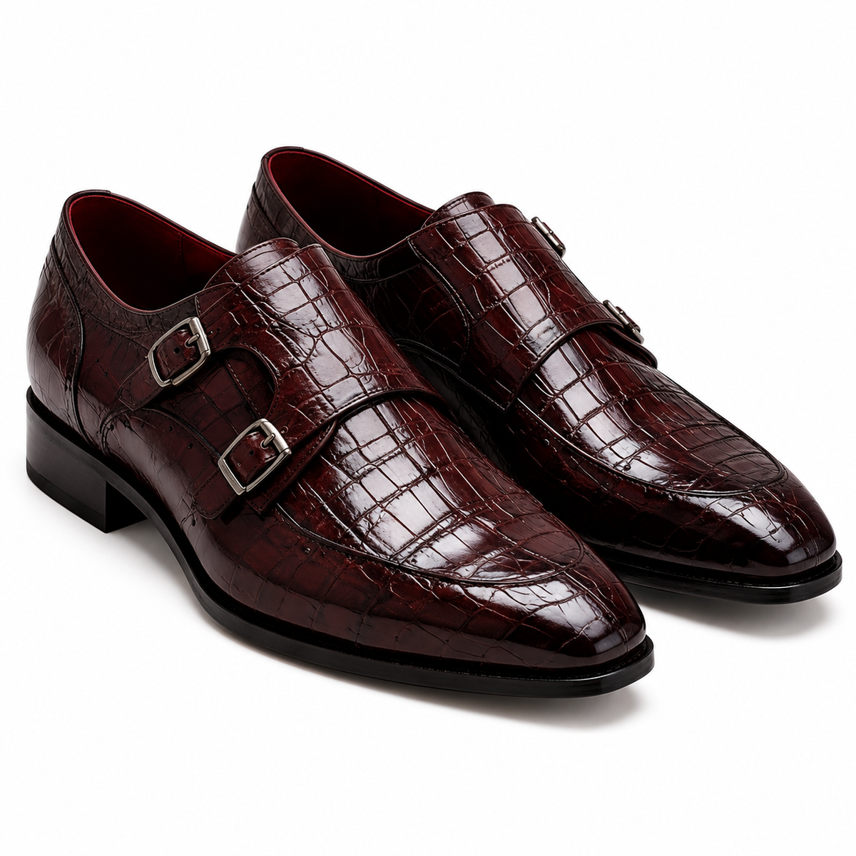 Marcellus Burgundy Crocodile-Embossed Double Monk Strap Shoes