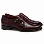 Marcellus Burgundy Crocodile-Embossed Double Monk Strap Shoes