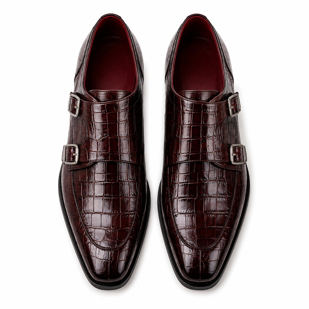 Marcellus Burgundy Crocodile-Embossed Double Monk Strap Shoes