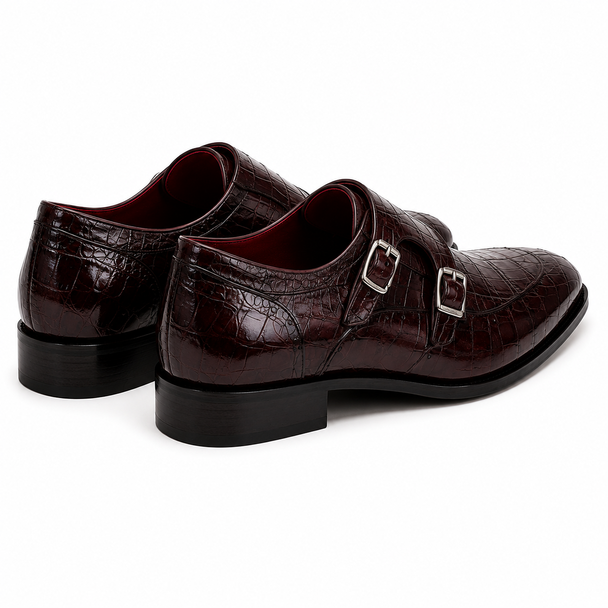 Marcellus Burgundy Crocodile-Embossed Double Monk Strap Shoes