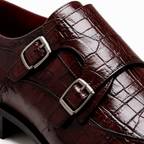 Marcellus Burgundy Crocodile-Embossed Double Monk Strap Shoes