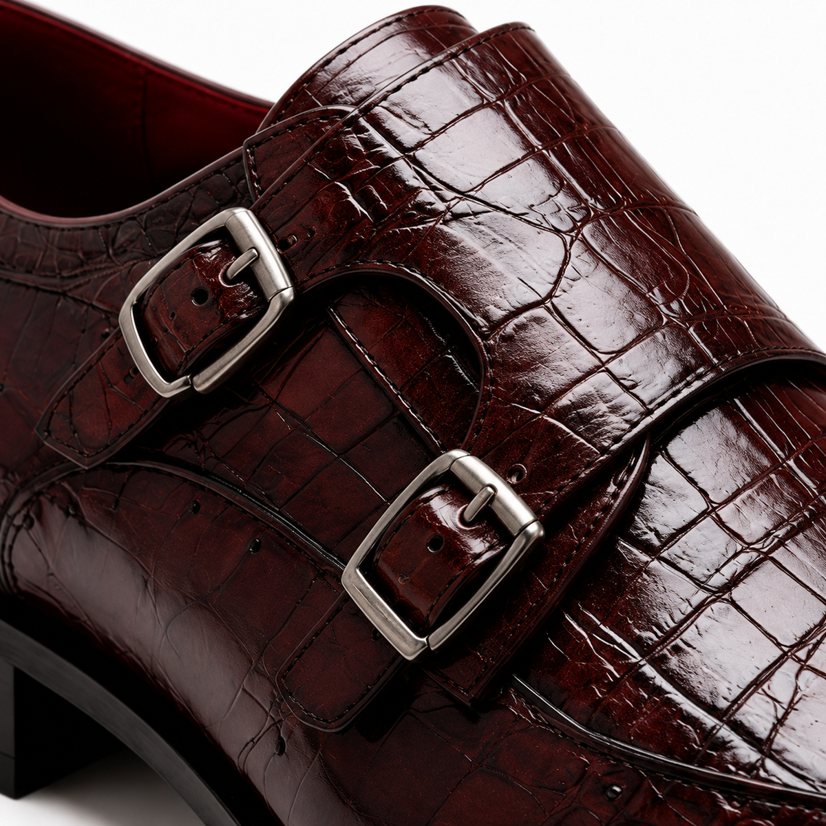 Marcellus Burgundy Crocodile-Embossed Double Monk Strap Shoes