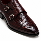 Marcellus Burgundy Crocodile-Embossed Double Monk Strap Shoes
