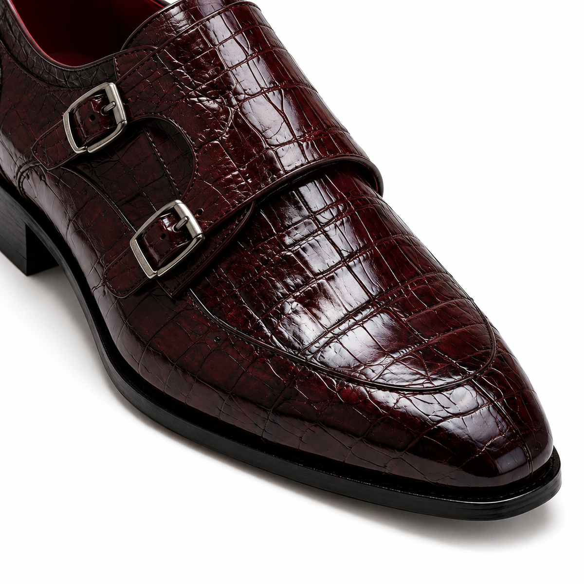 Marcellus Burgundy Crocodile-Embossed Double Monk Strap Shoes